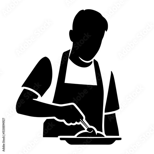 Food photographer styling dish with tweezers in black silhouette  