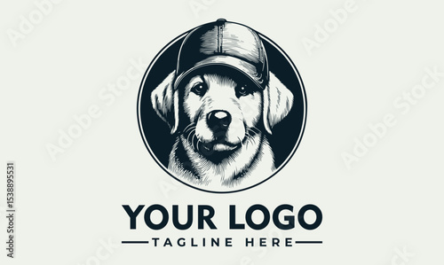 A dog wearing a cap inside a circle, with space for a logo and tagline.