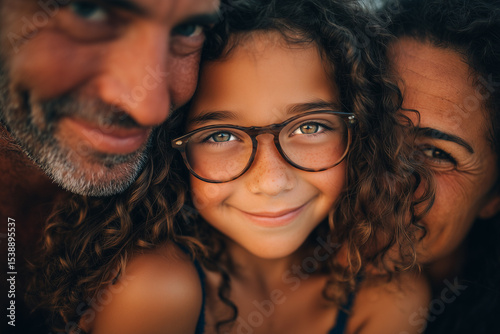 Amor familiar puro e incondicional, un vínculo eterno.Padres besando con cariño a su hija feliz en un cálido campo.