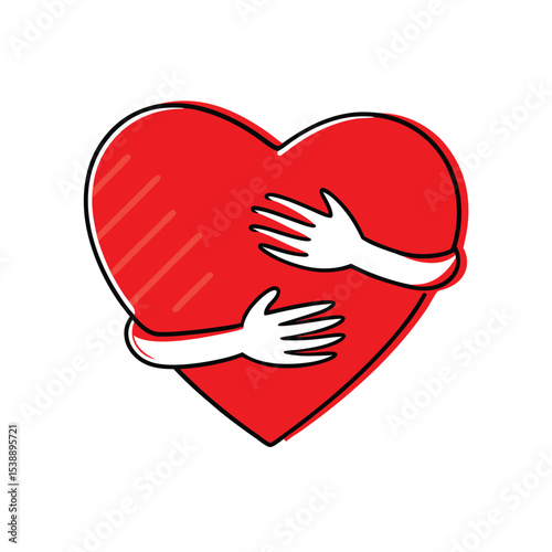 A vector illustration depicting hands hugging a red heart symbolizing love and affection