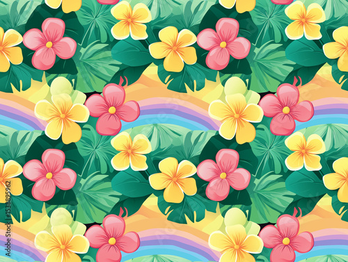 A cheerful and vibrant seamless pattern featuring pink and yellow plumeria flowers amidst tropical green leaves and subtle rainbow stripes