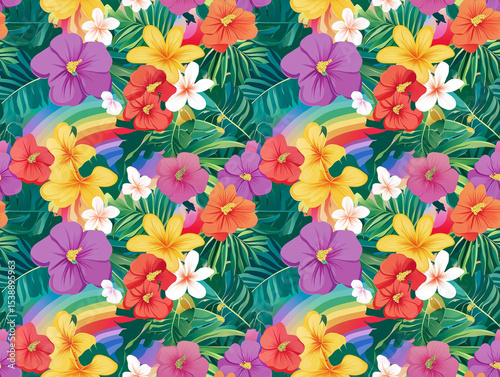 Lush tropical floral pattern with vibrant hibiscus, plumeria, and a rainbow on green foliage