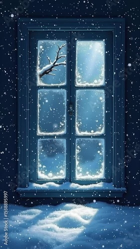 Snowy window with snow falling down and a tree branch