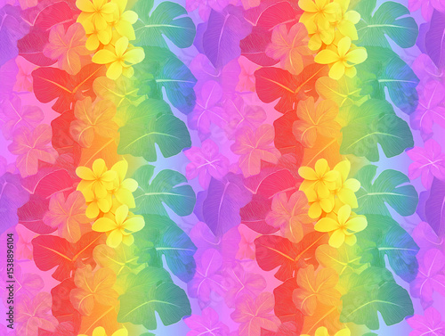 A vibrant, rainbow-colored tropical pattern features a blend of bright plumeria flowers and lush palm leaves
