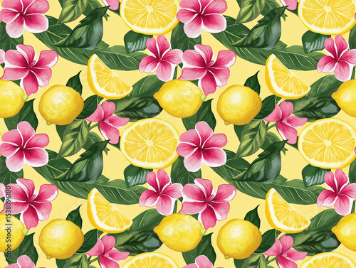 A bright and fresh repeating pattern features ripe lemons, vibrant pink plumeria flowers, and green leaves on a cheerful yellow background