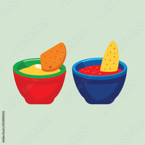 Colorful vector illustration of nacho chips dipping into salsa and cheese dips