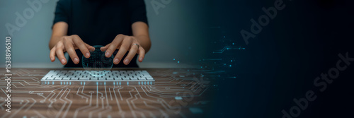 Typing on keyboard technology digital ai coding programming software development concept design background