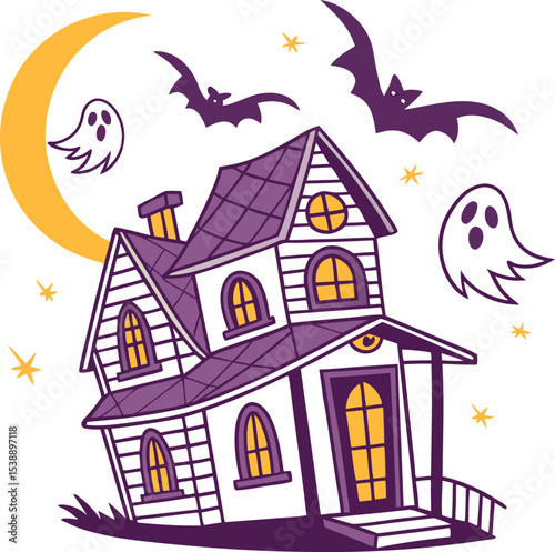 Fun haunted house logo design spooky cartoon house with crooked chimney