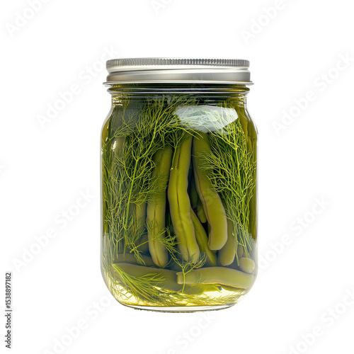 Fresh Dill Pickles in Jar with Green Beans and Herbs, Perfect for Snacking or Adding Flavor to Dishes on transparent background