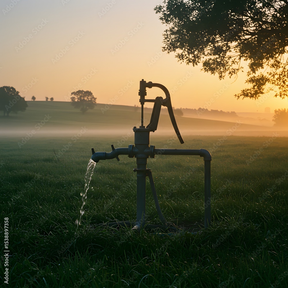 Fototapeta premium Water Pump in Field at Sunrise