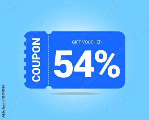 54% coupon promotion sale. Fifty four percent Vector Gift Voucher. Blue discount, lucky ticket, special offer promo. Web, shopping label, percent sign. Special price offers.