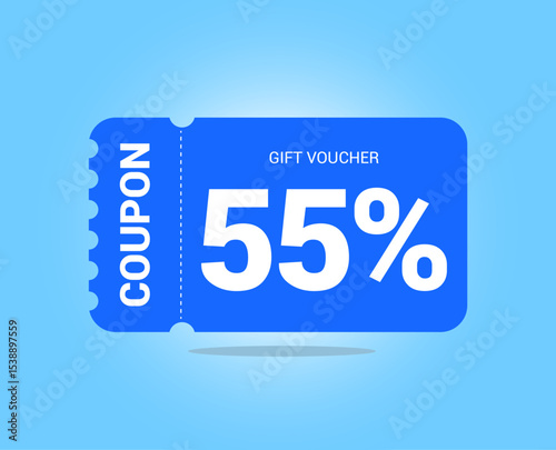 55% coupon promotion sale. Fifty five percent Vector Gift Voucher. Blue discount, lucky ticket, special offer promo. Web, shopping label, percent sign. Special price offers.
