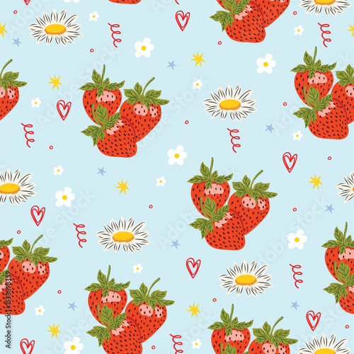 Seamless vector pattern with strawberries, daisies, stars, and flowers. Pastel blue cute girly background.