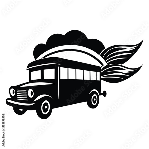 Black and white bus vector illustration driving on a wavy road or hill for travel and transport concept