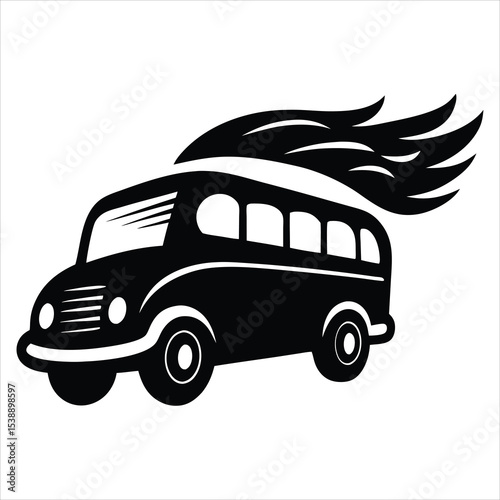 Black and white bus vector illustration driving on a wavy road or hill for travel and transport concept