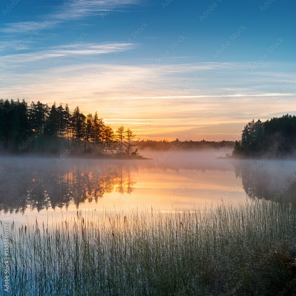 Fototapeta premium Breathtaking Sunrise over a Misty Lake Serene Landscape with Trees, Water Reflections, and Calm Atmosphere