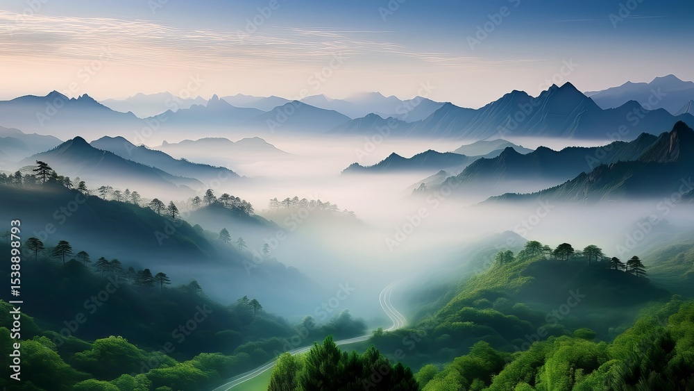 Obraz premium Breathtaking Misty Mountain Landscape at Dawn with Fog, Trees and Serene Views, Nature Photography, Calm and Peaceful Scenery, Ideal for Travel and Scenic Destinations.