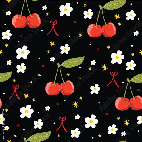 Seamless vector pattern with cherry, bow, stars and cherry blossom. Black cute girly background.