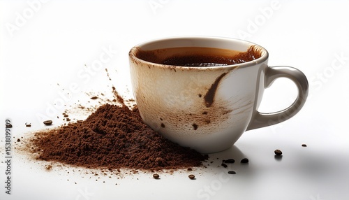 dirty coffee cup with coffee grounds isolated on white background