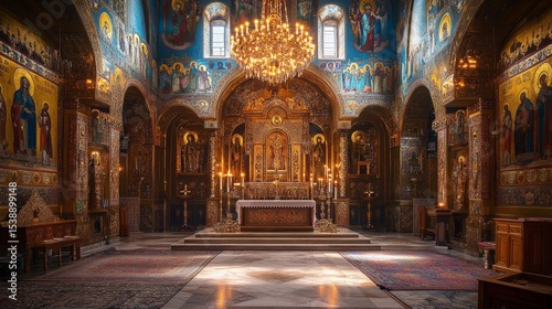 Ornate church interior with altar chandelier paintings and detailed architecture.
