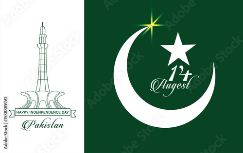 Pakistan Independence Day banner, card, poster, template with flag, moon, star, sparking lights, typography with green background 