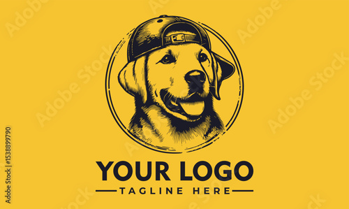 A graphic logo design featuring a happy golden retriever wearing a baseball cap, set against a mustard yellow background.
