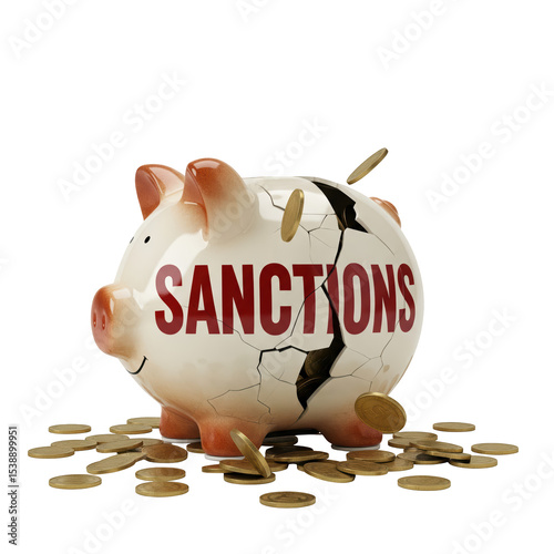 A cracked piggy bank with the word “SANCTIONS” painted across its surface, surrounded by falling coins, symbolizing economic collapse, isolated on a white background.