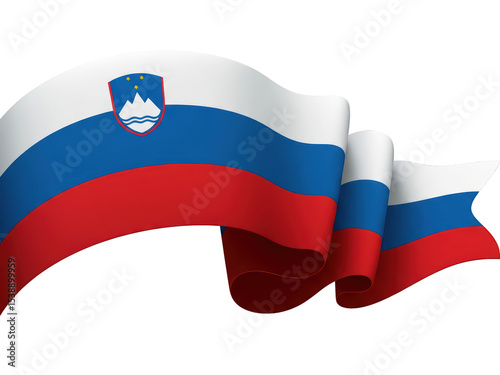 Republic of Slovenia waving ribbon flag, realistic 3D renderin, isolated on a transparent background, symbol of Independence Day celebration