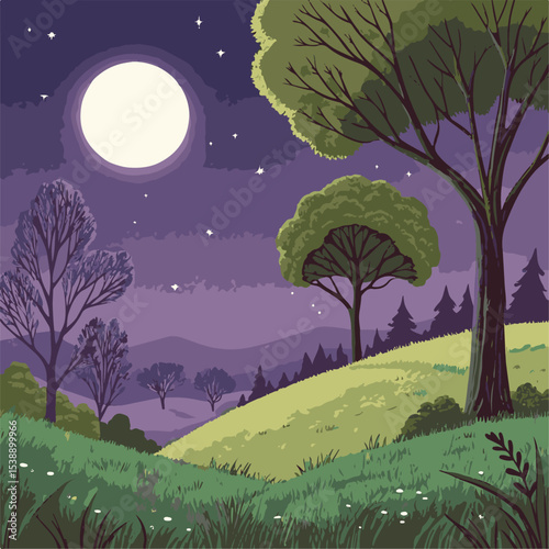 Serene Nightscape A Vibrant Digital Illustration of Moonlit Hills and Trees