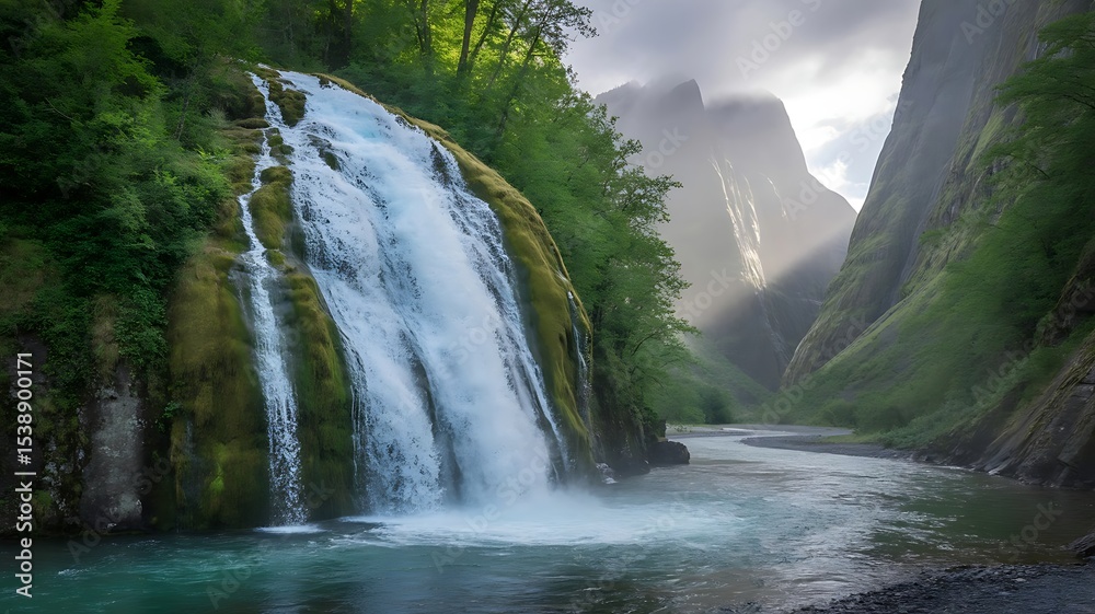 Fototapeta premium A scenic waterfall cascading into a river with mountains in background