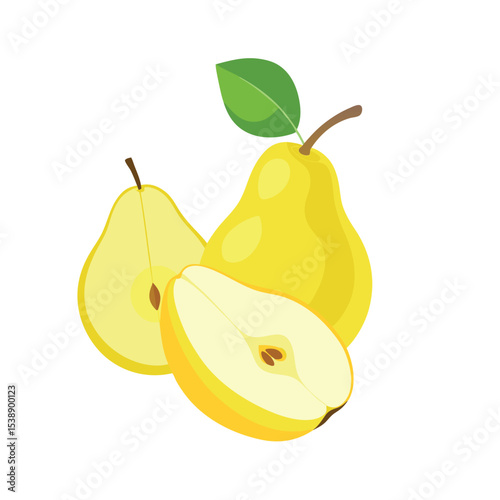 Fresh yellow pears whole and sliced with leaf illustrating healthy food and deliciousness.