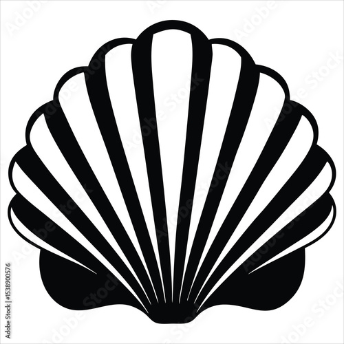 Black and white vector illustration of a scallop seashell icon in a minimalist fanned book page style