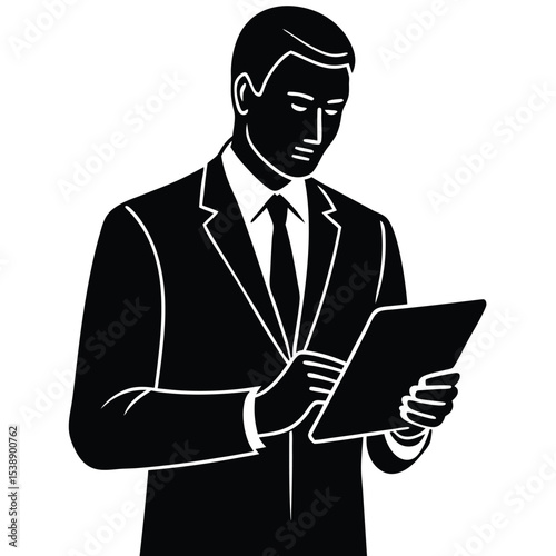 Black and white illustration of a businessman in a suit using a tablet computer serious expression hands holding device
