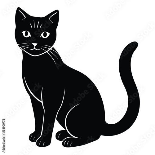 Black Cat Silhouette Vector Illustration Sitting Position Simple Design Black and White Graphic Image