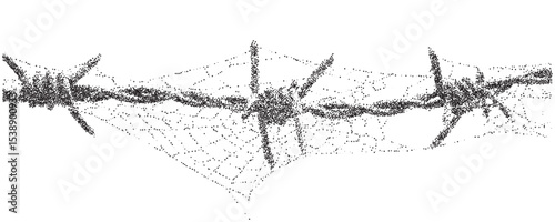 Web of conflict intertwines with rusted barbed wire, symbolizing struggle and resilience in a desolate landscape