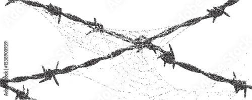Barbed wire amidst intricate cobwebs illustrating the contrast of nature and confinement in a stark landscape