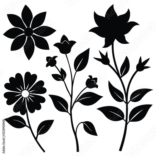 Black Silhouette Vector Set of Flowers in Various Poses Including Daisy Bell Flower and Star Flower Designs
