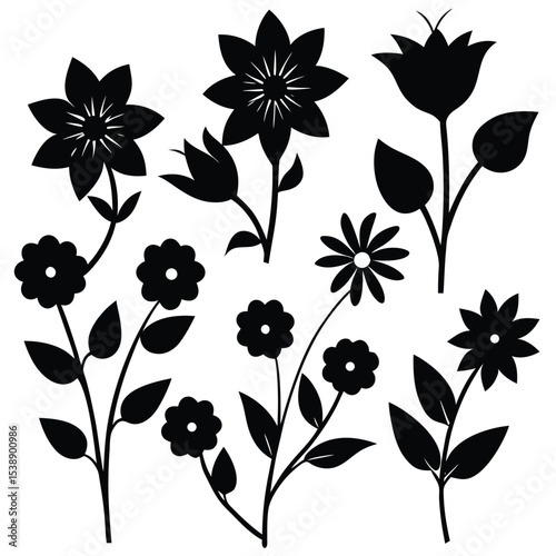 Black Silhouette Vector Set of Various Flowers in Different Poses Simple Floral Designs Botanical Illustrations
