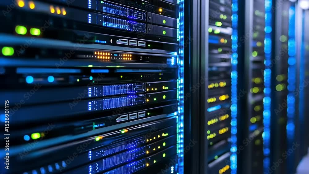 Close-up view of illuminated server racks in a data center showcasing technology and connectivity Close-up view of illuminated server racks in a data center showcasing technology and connectivity