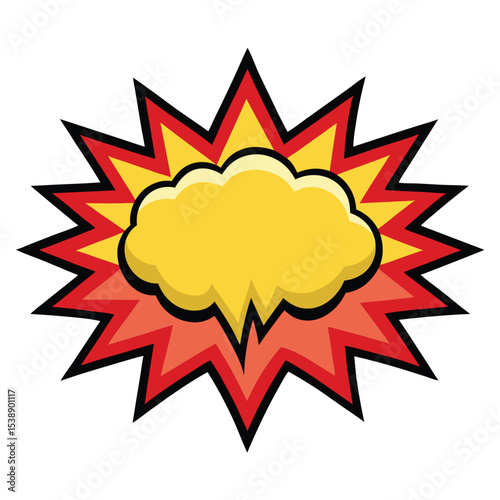 Yellow Comic Book Style Shout Bubble with Red and Orange Spiky Explosion Effect on White Background