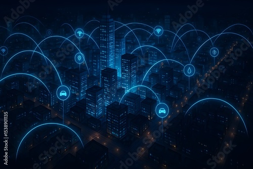 Bird’s-Eye View of Glowing Smart City at Night with Data Streams Connecting Buildings, Sensors, and Vehicles

