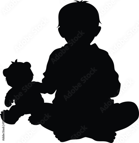 A silhouette of a young child and their cherished teddy bear. Small child with  teddy silhouette . 