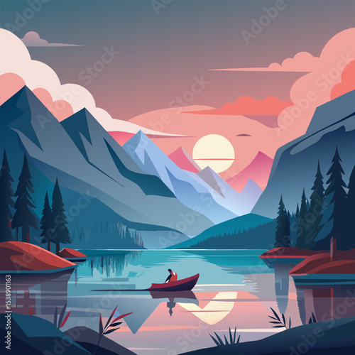Serene Landscape with Calm Lake and Gentle Hills Vector Design