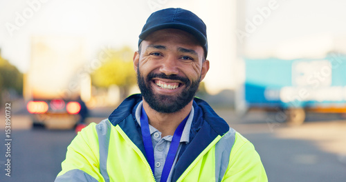 Logistics, delivery and portrait of man in yard for shipping, fleet manager and supply chain. Dispatch, freight trucks and distribution with person for transport, safety supervisor and export