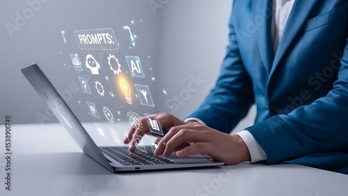 Person typing on a laptop with ai prompts displayed above the keyboard