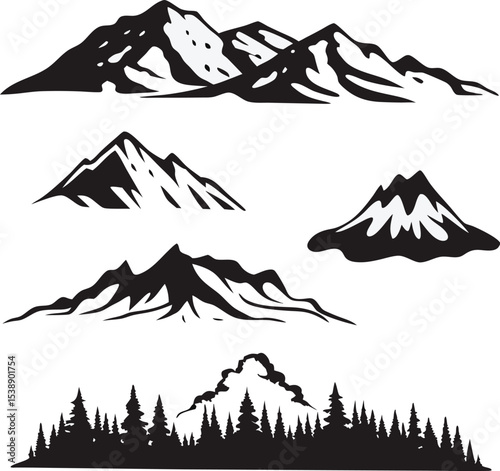 Vector illustrations of mountain silhouettes and trees depicting landscapes for design and outdoor adventure projects