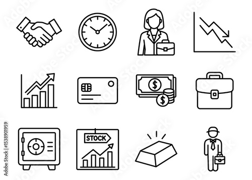 Vector illustration of finance and business icons. Editable stroke.
