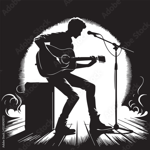 silhouette of a person playing guitar, editable vector image