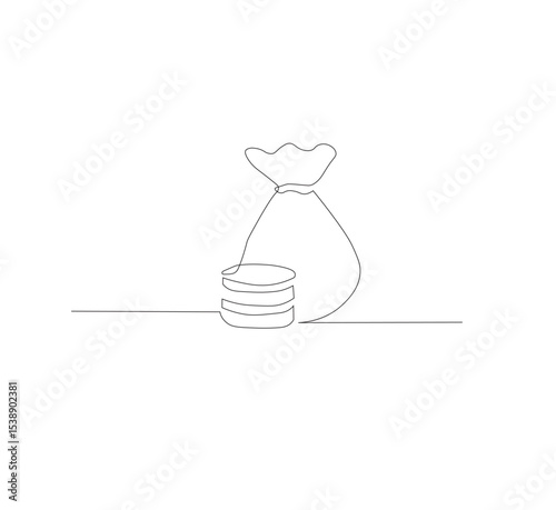 Continuous line drawing of money bag with dollar coins, white background money saving concept, business icon, one line object, single line art, hand drawn vector illustration