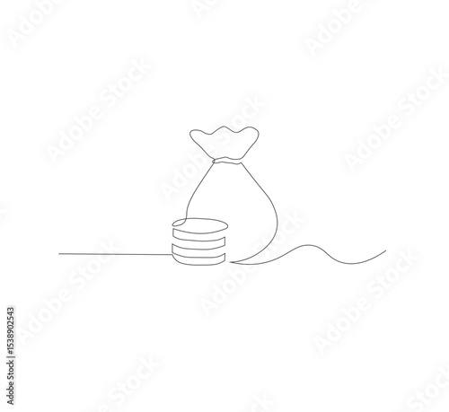 Continuous line drawing of money bag with dollar coins, white background money saving concept, business icon, one line object, single line art, hand drawn vector illustration